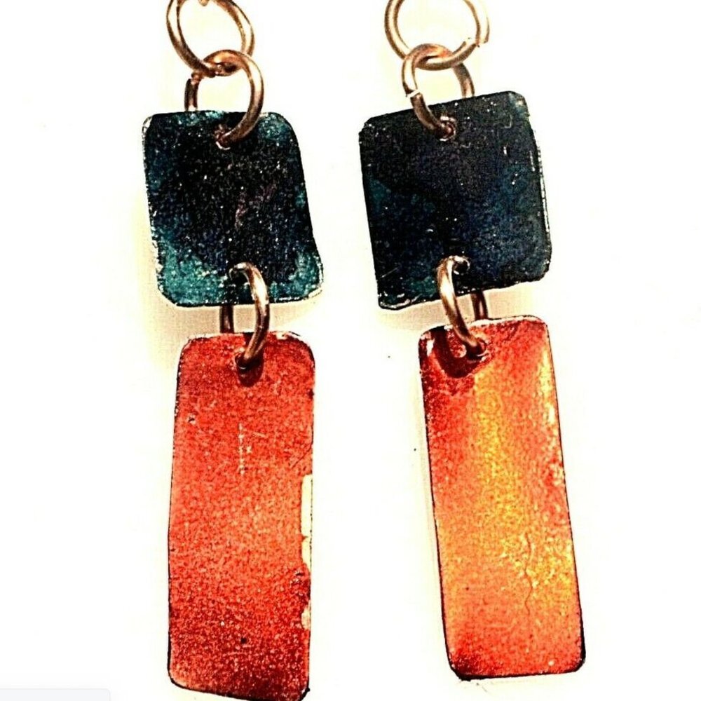 Modernist Abstract Geometric Red Blue Dangle Pure Copper Earrings Handmade Drop